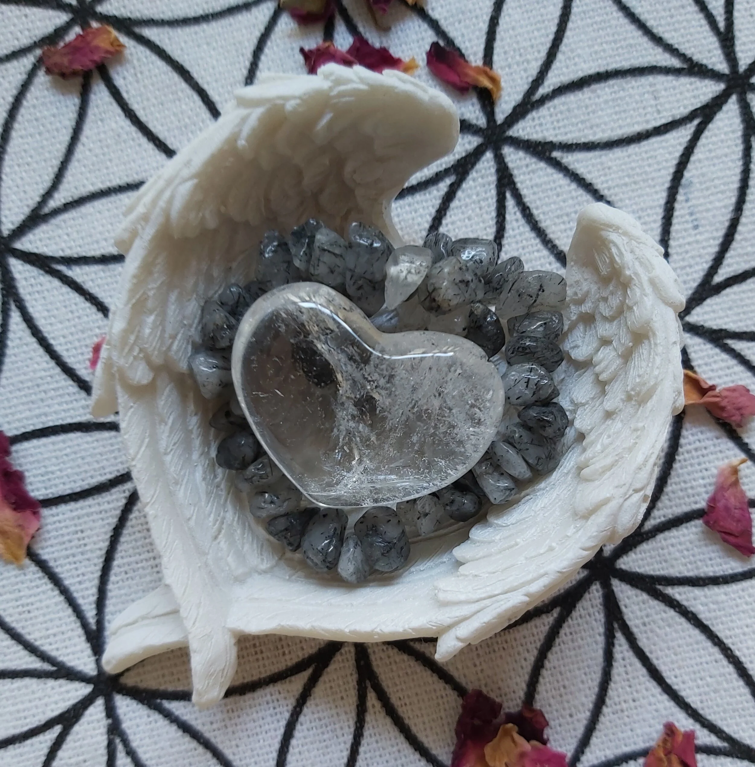 Gift set - Black Tourmaline in Quartz  gemchip bracelet and Quartz crystal heart in angel wing bowl