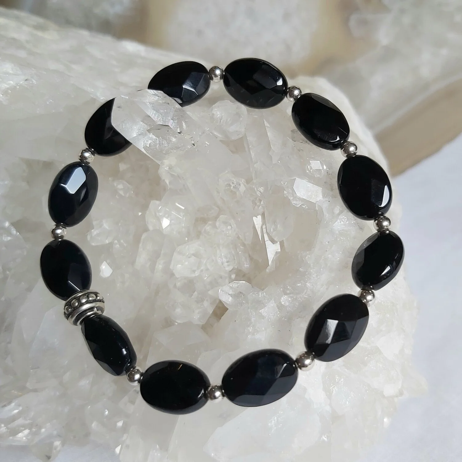 Black Onyx faceted &amp; sterling silver bead bracelet
