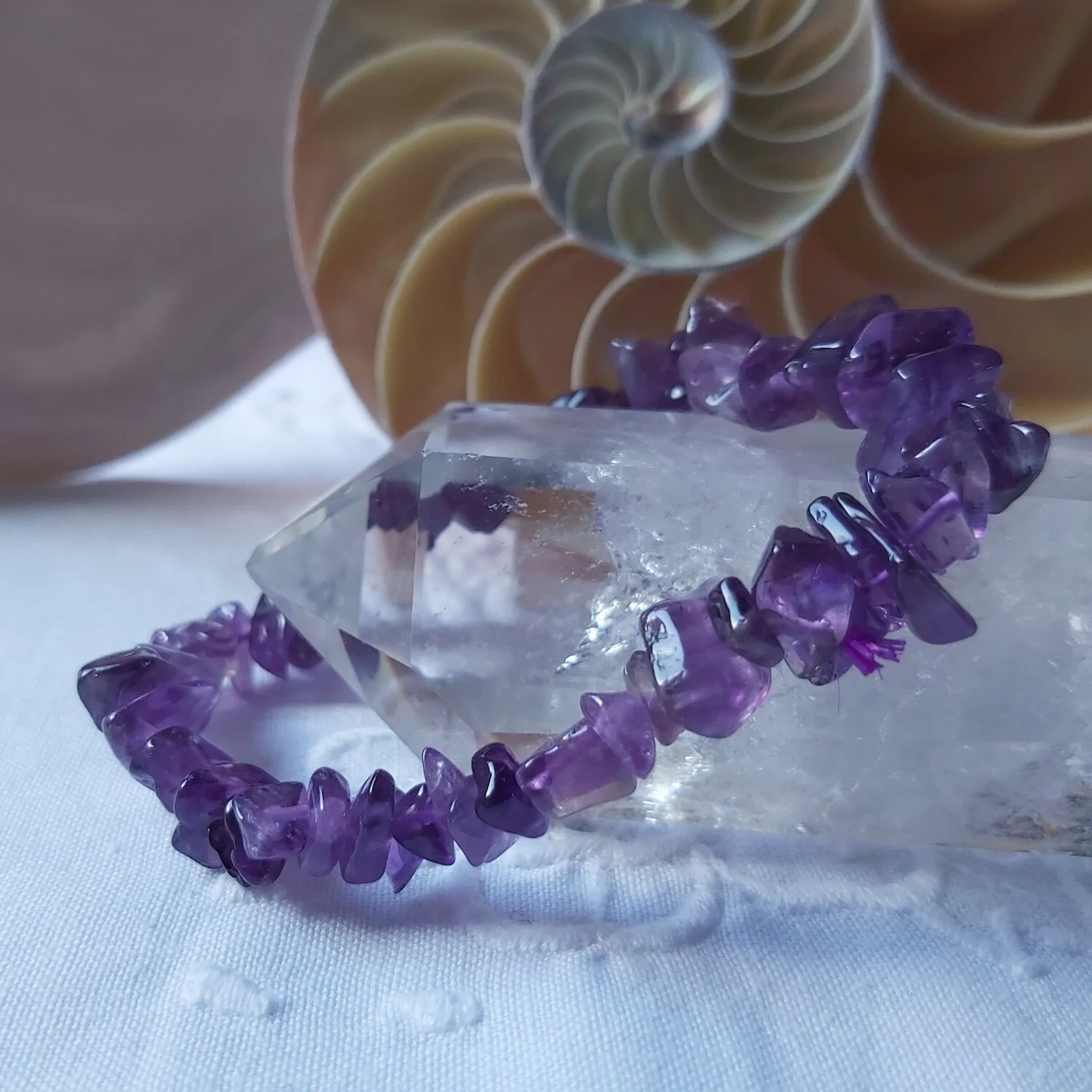 Amethyst Gemchip Bracelet with silvertone beads, charms and clasp