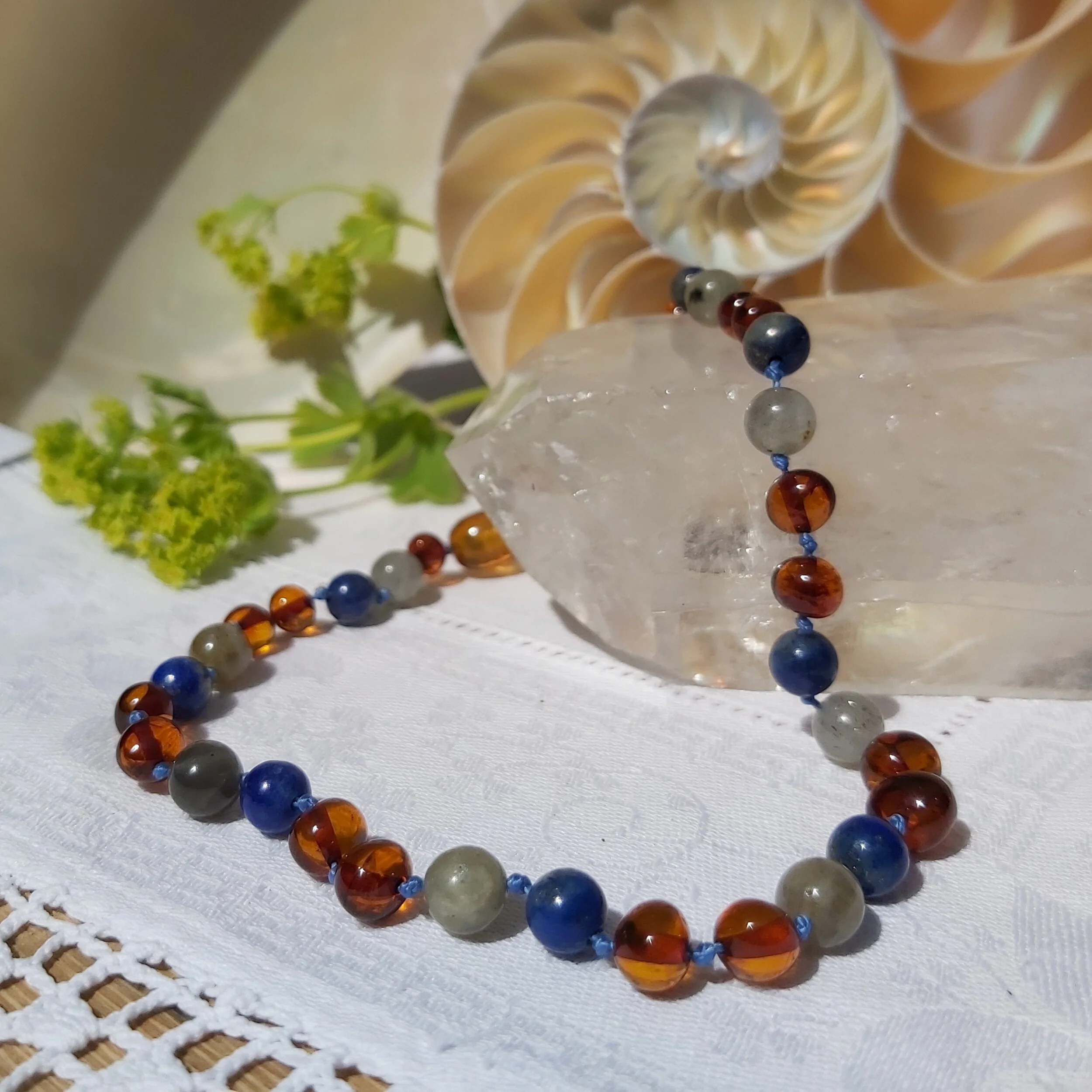 Cognac Amber, Lapis Lazuli &amp; Labradorite Necklace - Baby, Child, Teen, Adult*