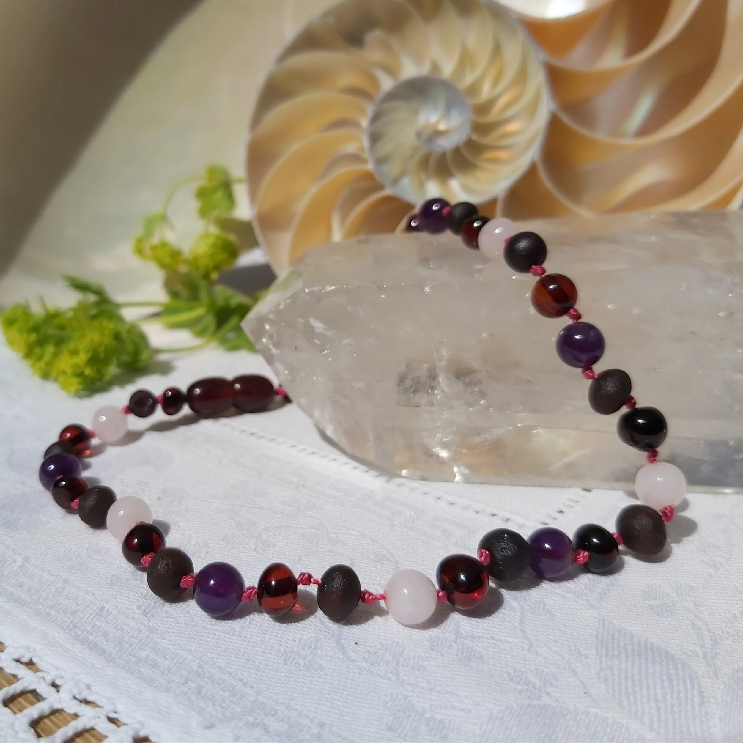 Cherry Amber, Amethyst &amp; Rose Quartz Necklace - baby, child, teen, adult