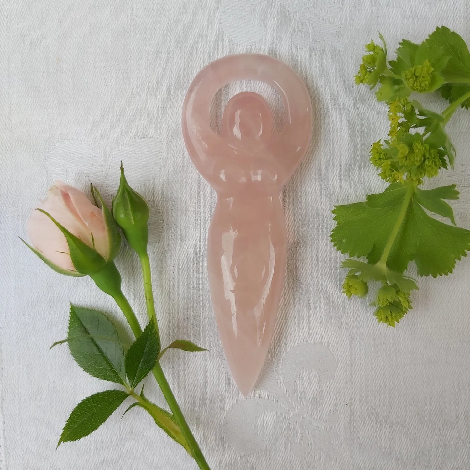 Rose Quartz hand carved spiral Goddess figure