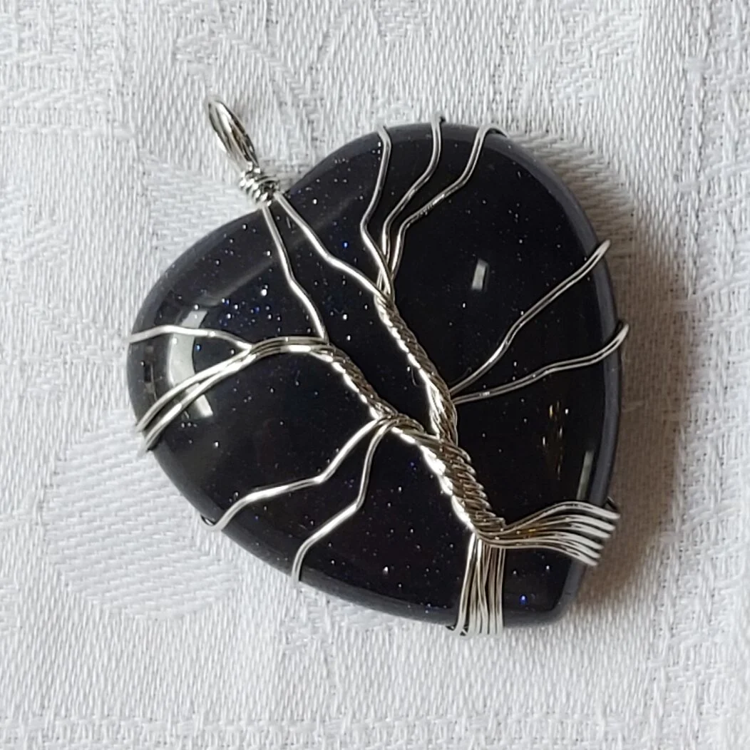 'Blue Goldstone' heart tree of life pendant