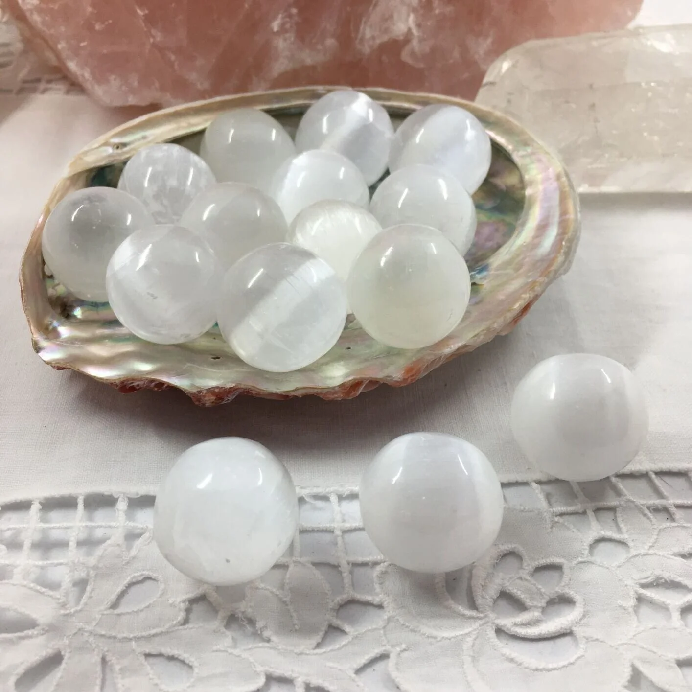 Selenite/Satin Spar Round Pebbles/Tumblestones