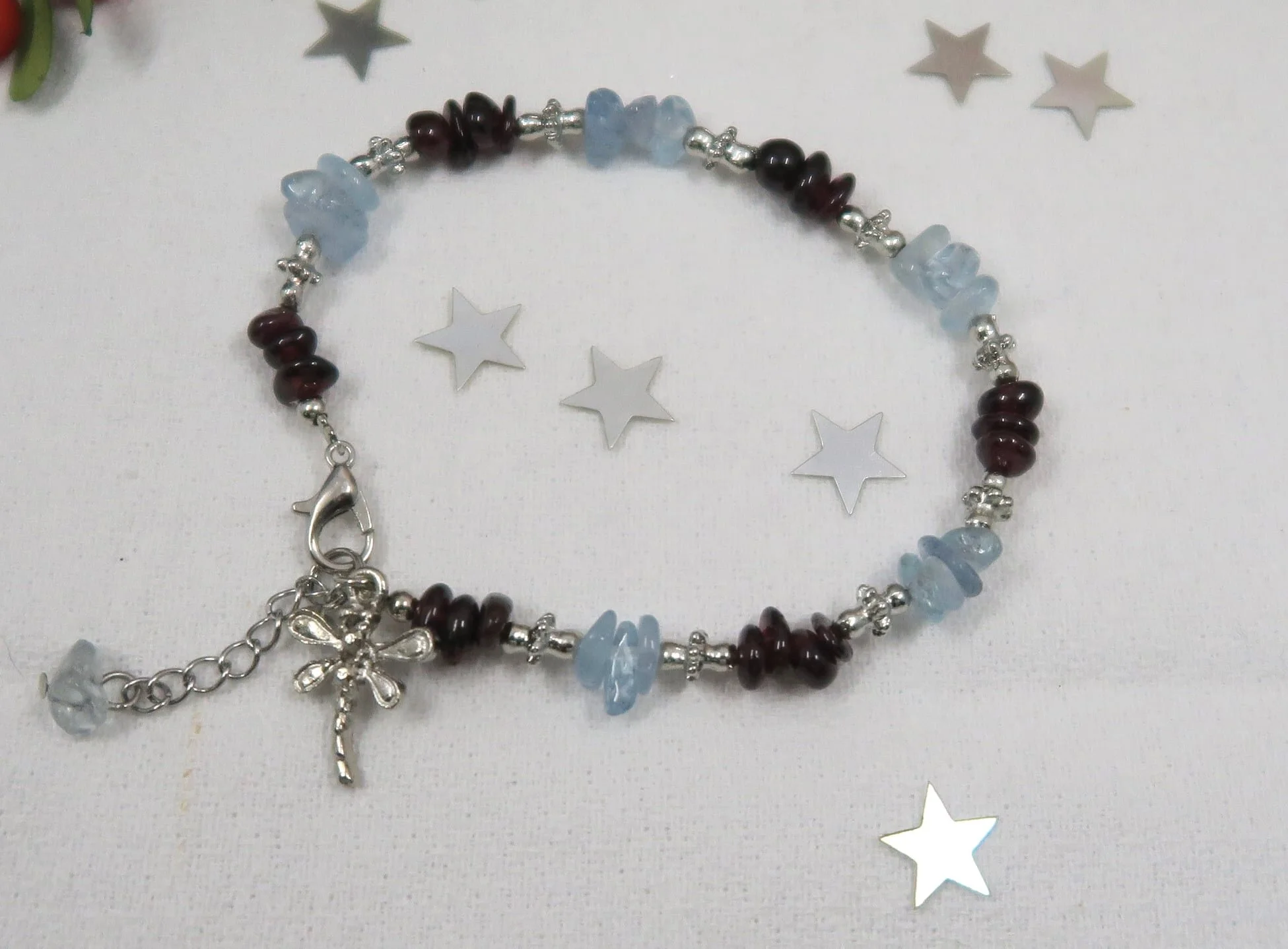 Aquamarine and Garnet Bracelet with Dragonfly Charm