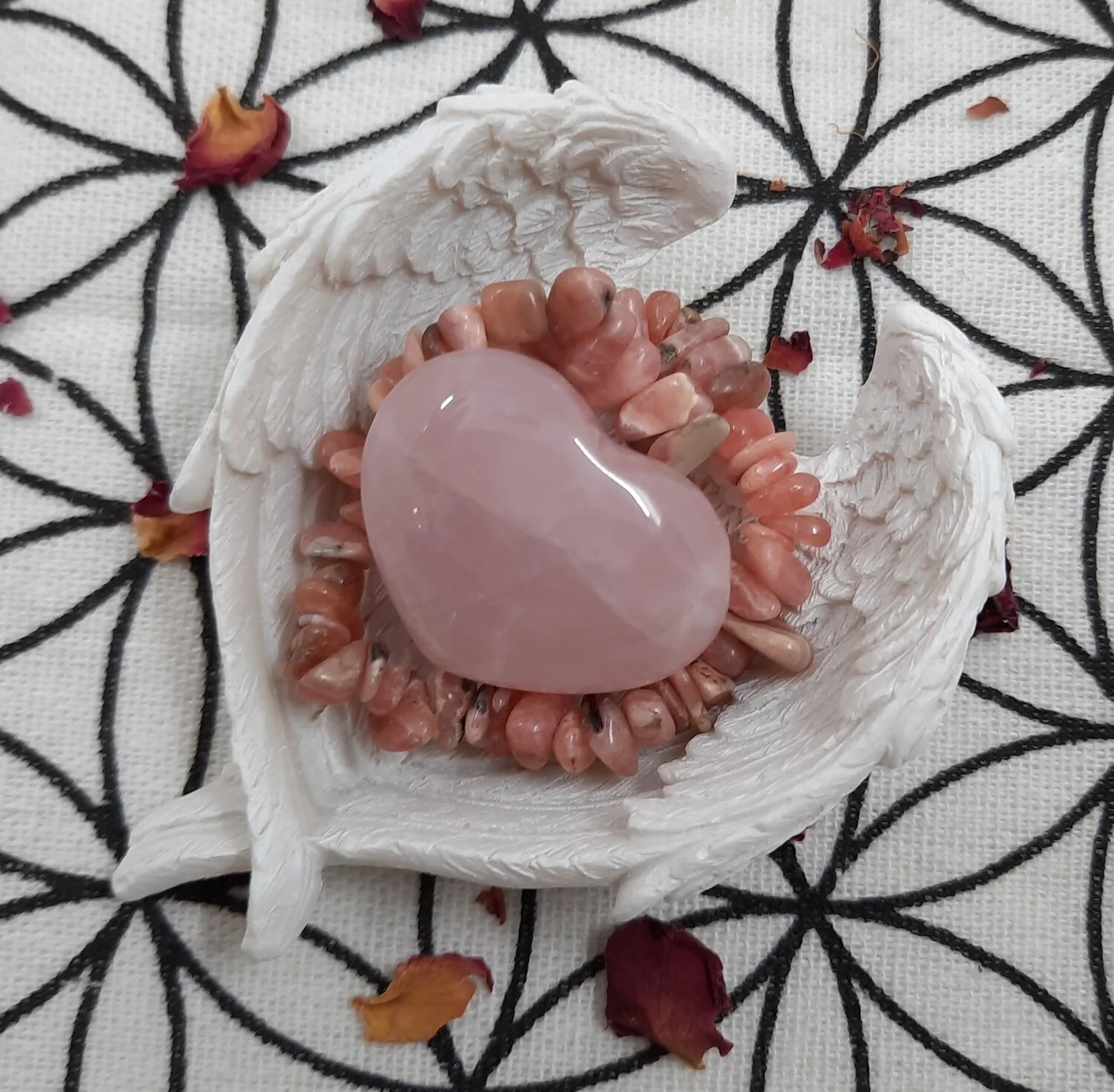 Gift Set -  Rose Quartz crystal heart and Rhodochrosite gem ship bracelet in a pretty Angel Wing bowl