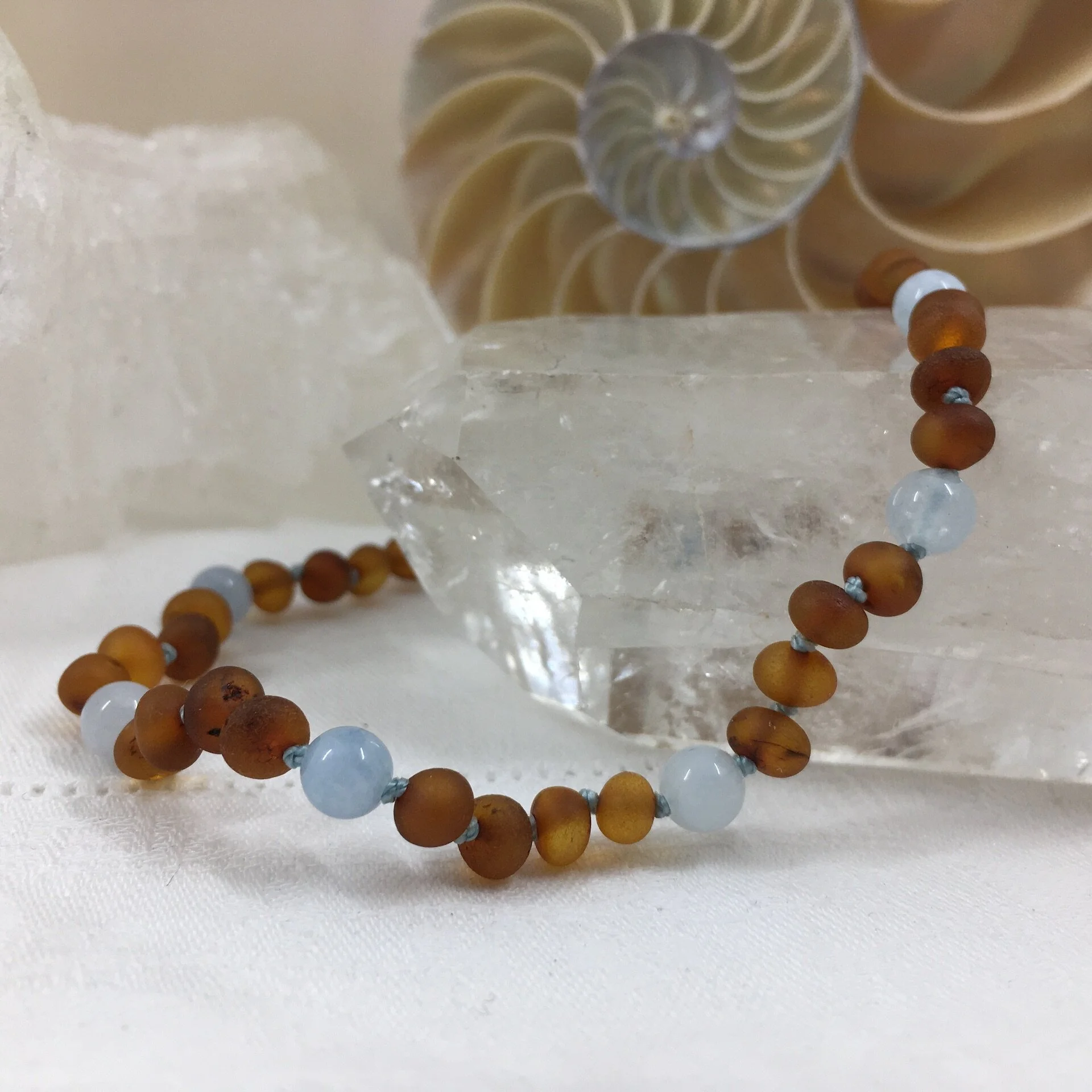 Raw Cognac Amber &amp; Aquamarine Necklace- baby, child, teen, adult