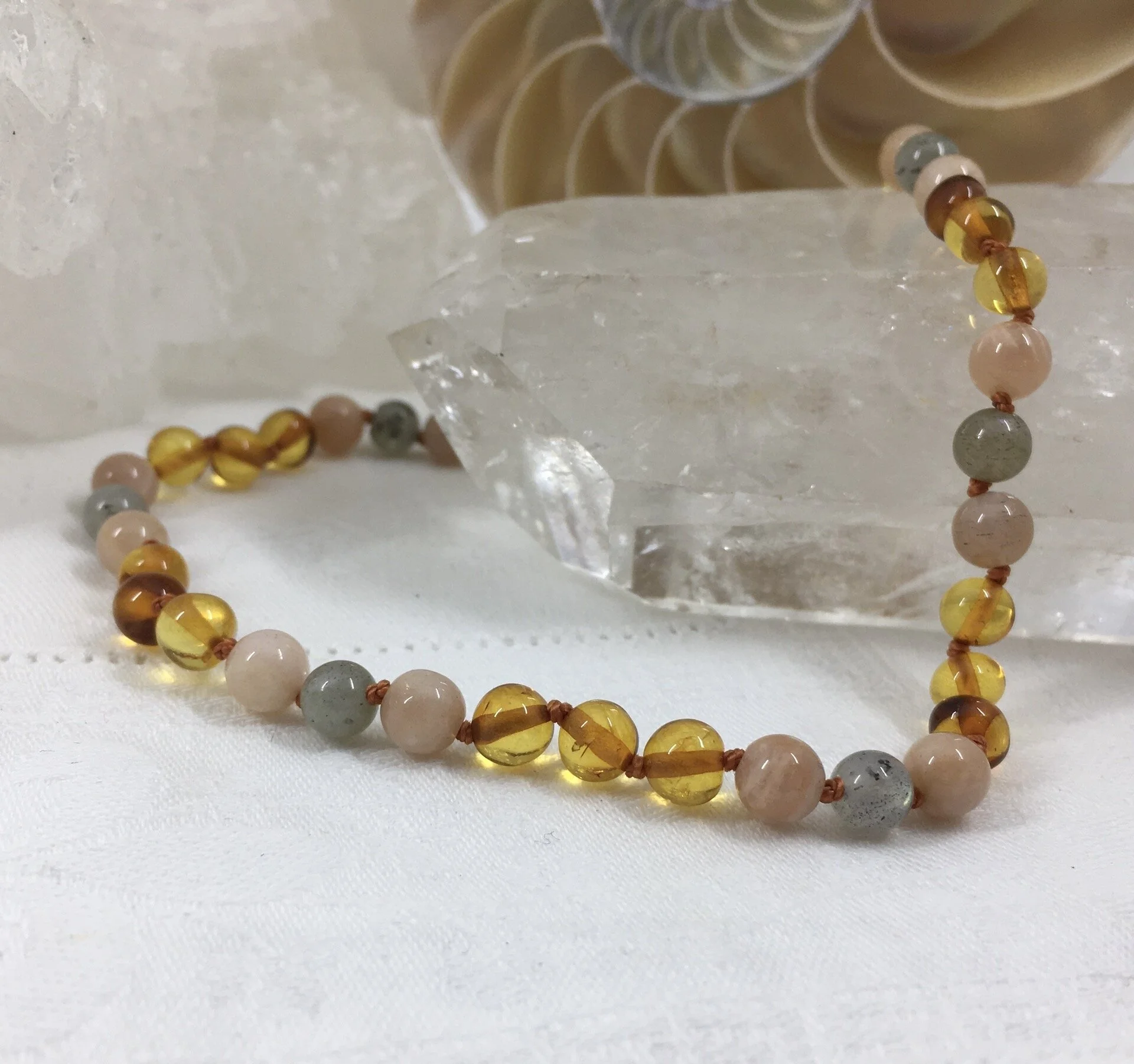 Honey Amber, Labradorite and Sunstone Necklace - baby, child, teen, adult