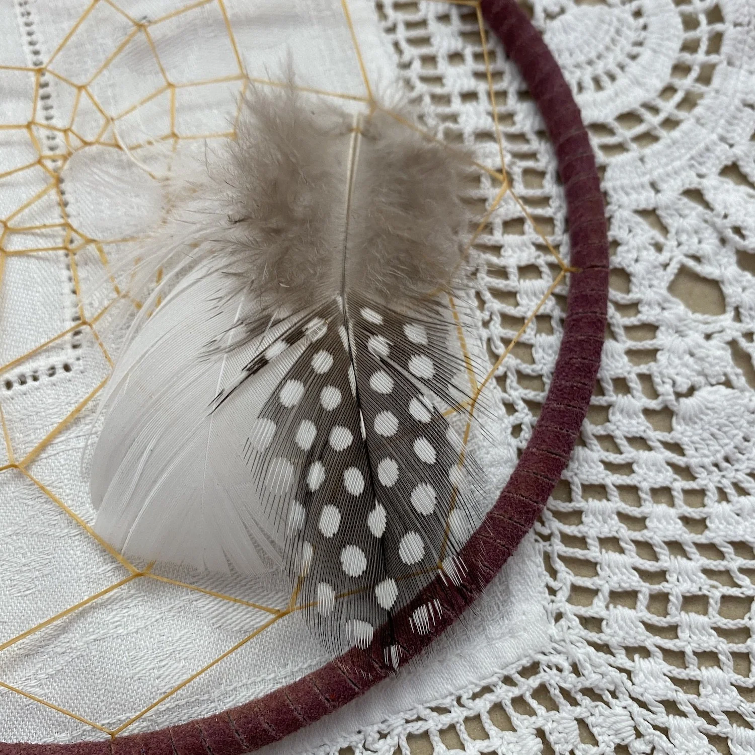 Dreamcatcher Large brown with black spotty feather b.jpeg