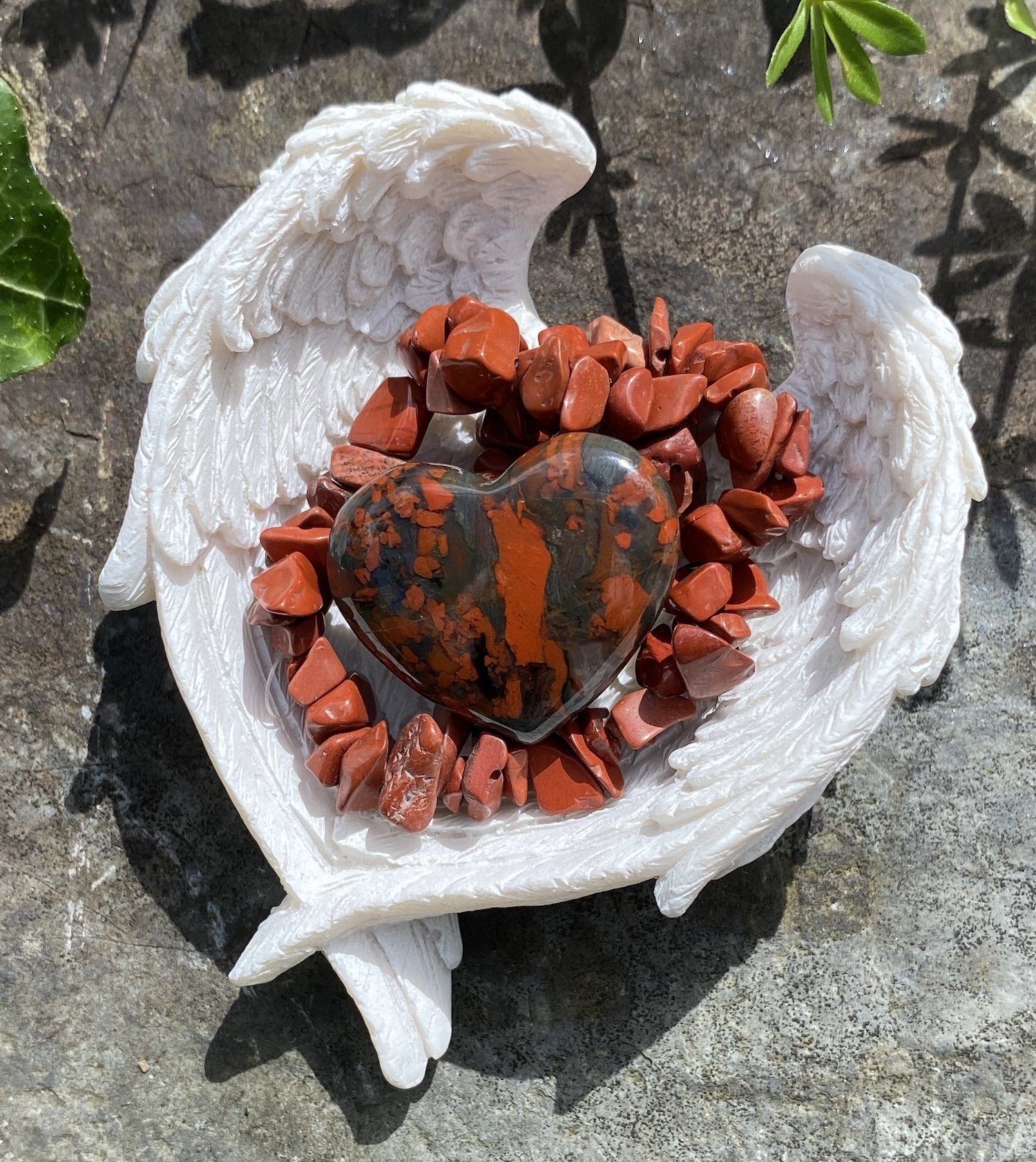 Gift Set - Red Jasper gemchip bracelet and brecciate Jasper heart in angel wings bowl