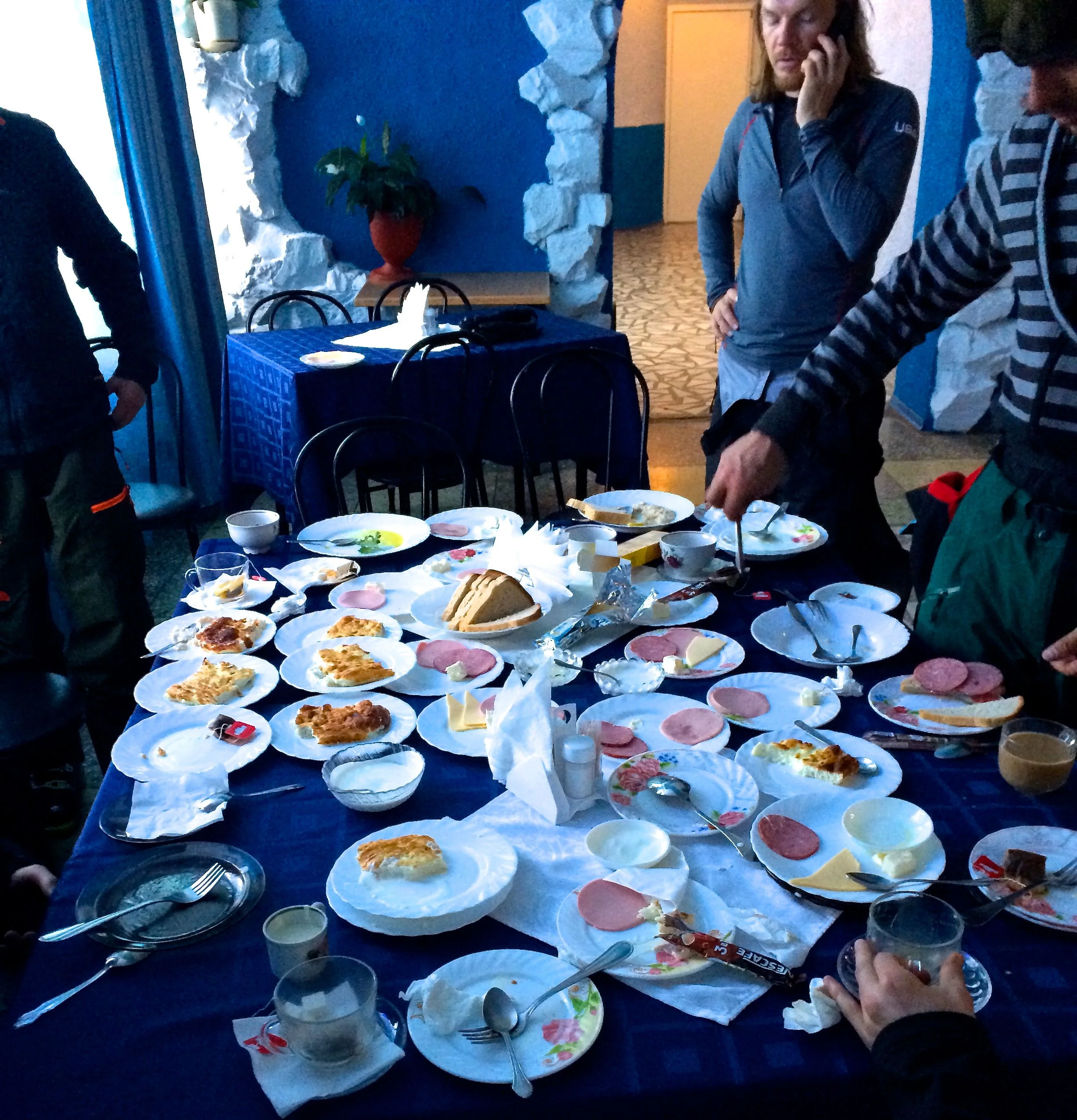 Breakfast for 9 huge eaters involved lots of blini, or delicious Russian crepes, plus a type of cottage cheese pancake (served with sweetened condensed milk to pour over them....they were better plain IMHO) that were mostly really tasty and once or twice we encountered a rather sour, rubbery batch. Overall I think we blew them away with how many blini we could power down. 