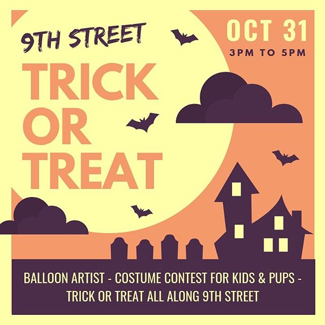 Don&rsquo;t miss our 9th Street Trick-or-Treat on Thursday! Throw on a costume &amp; join us for tons of Halloween fun in the neighborhood! Dress up your pup &amp; take them to @barnessupplyco for their Howl-o-ween doggie costume contest (all day), f