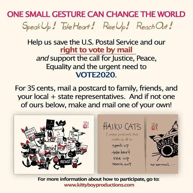 We're having a little sale on post cards, but if you can't buy one of ours... mail your own and support the Postal Service! 
#USPS #PostalService #Vote2020 #Postcards #Stamps #VotingRights #Postcards #Vote #Democracy #Justice #Peace #Equality #Haiku 