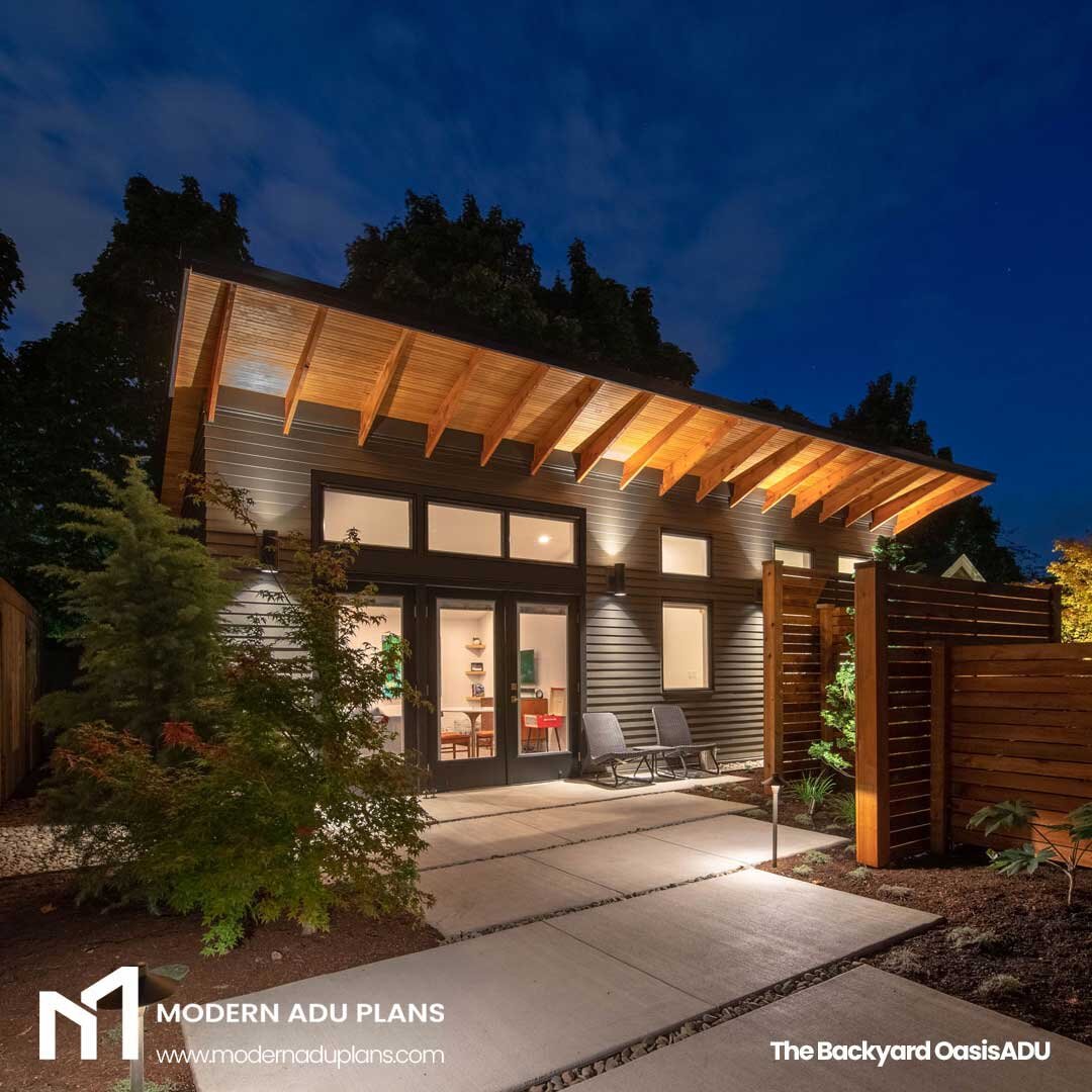 This ADU design really shines in the evening!

This ADU could be built in your backyard with these enticing features:

🚪 With three doors leading the living room this design is great for entertaining - having the interior spill out into the garden. 