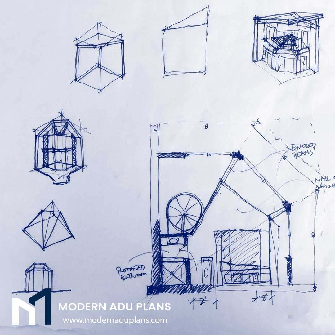 Exploring lots of ideas on one drawing - small 3D ideas, floor plans, side views - all have to work together. Brainstorming ideas by putting pen to paper leads to better design results. 

#fridayvibes #DesignSketch #sketchbook #handdrawing #ADUDesign