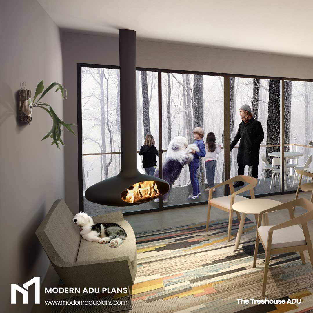 Like having a cozy interior but strong connection to the outdoors? This design is perfect for you. An open ADU interior blends a warm living room with fireplace, dining area, and kitchen all with expansive views of the surroundings through the wall-t