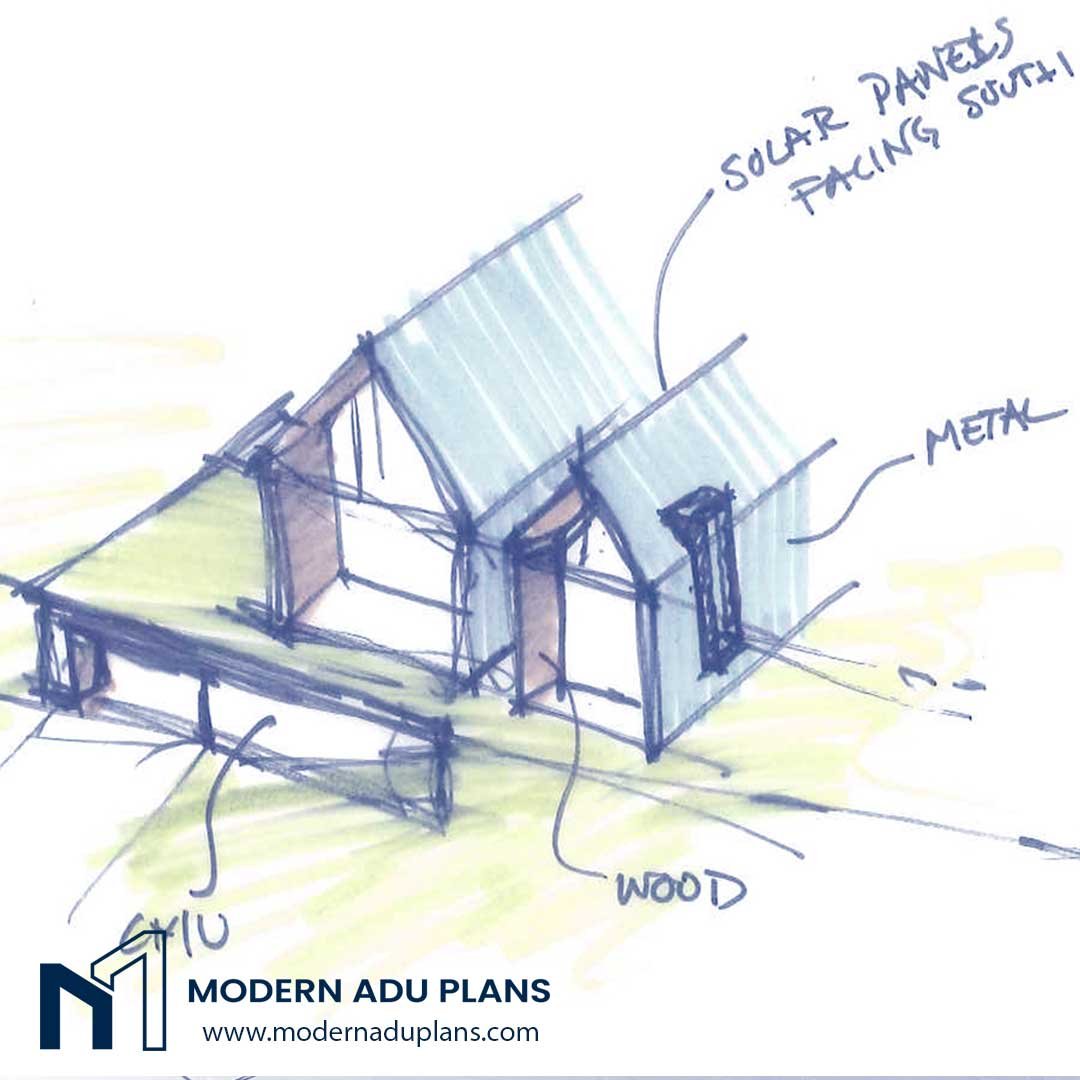 A client had a sloping site and requested a house and ADU over a garage. 
To accomplish their goals we developed this sketch, showing the garage semi-submerged into the slope of the site with a contemporary twist on a traditional house form defining 