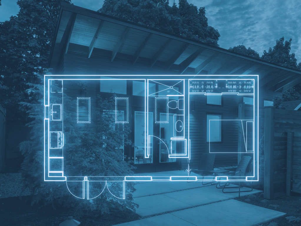 ADU Blueprint overlaying a photo of the Backyard Oasis ADU