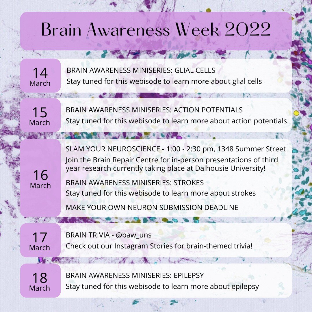 Welcome to Brain Awareness Week 2022! To start the week off, we will be posting educational neuroscience videos today and tomorrow on glial cells and the action potential! We will also be sharing lab videos from the Brain Repair Centre, so stay tuned