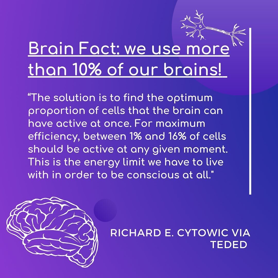 It&rsquo;s time for a brain fact! There&rsquo;s a persistent myth in science fiction (and real life!) that we only use 10% of our brains and if we can tap into some type of &ldquo;true potential&rdquo; our abilities would be limitless. In reality, al