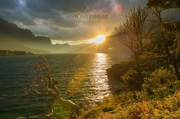 photograph of sunset over saint mary lake, glacier national park, montana