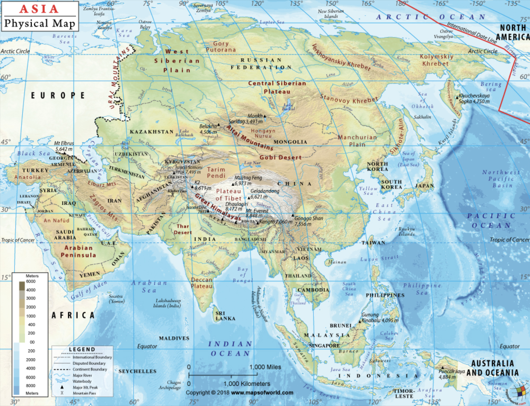 Реки азии список. Карта Азии географическая. Asia Map. Asia physical Map. Физическая карта Азии.