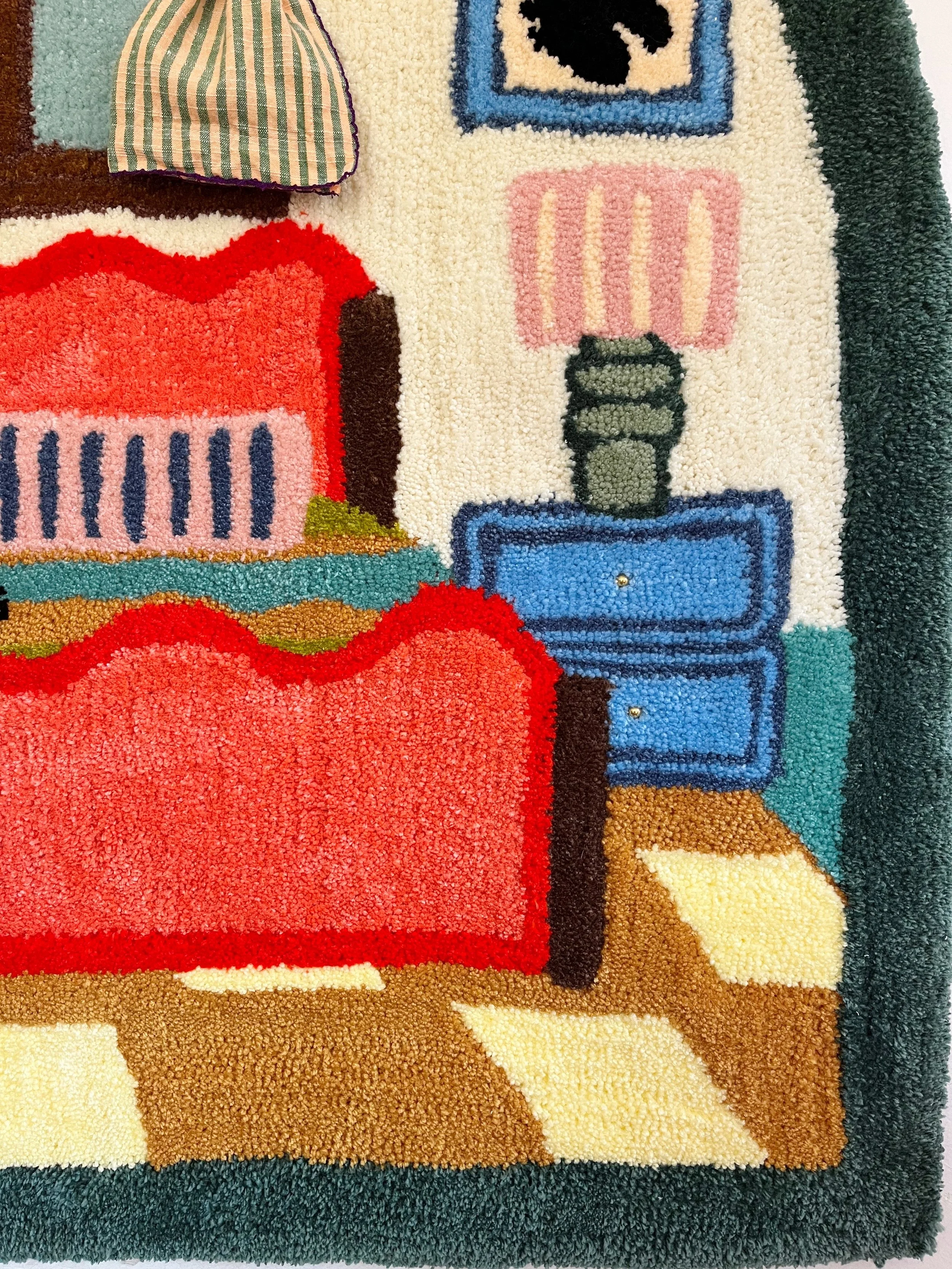 Tufted Home #4 displayed on a white wall. This large-scale 40-inch square fiber art adds playful texture and modern abstract design to a home interior.