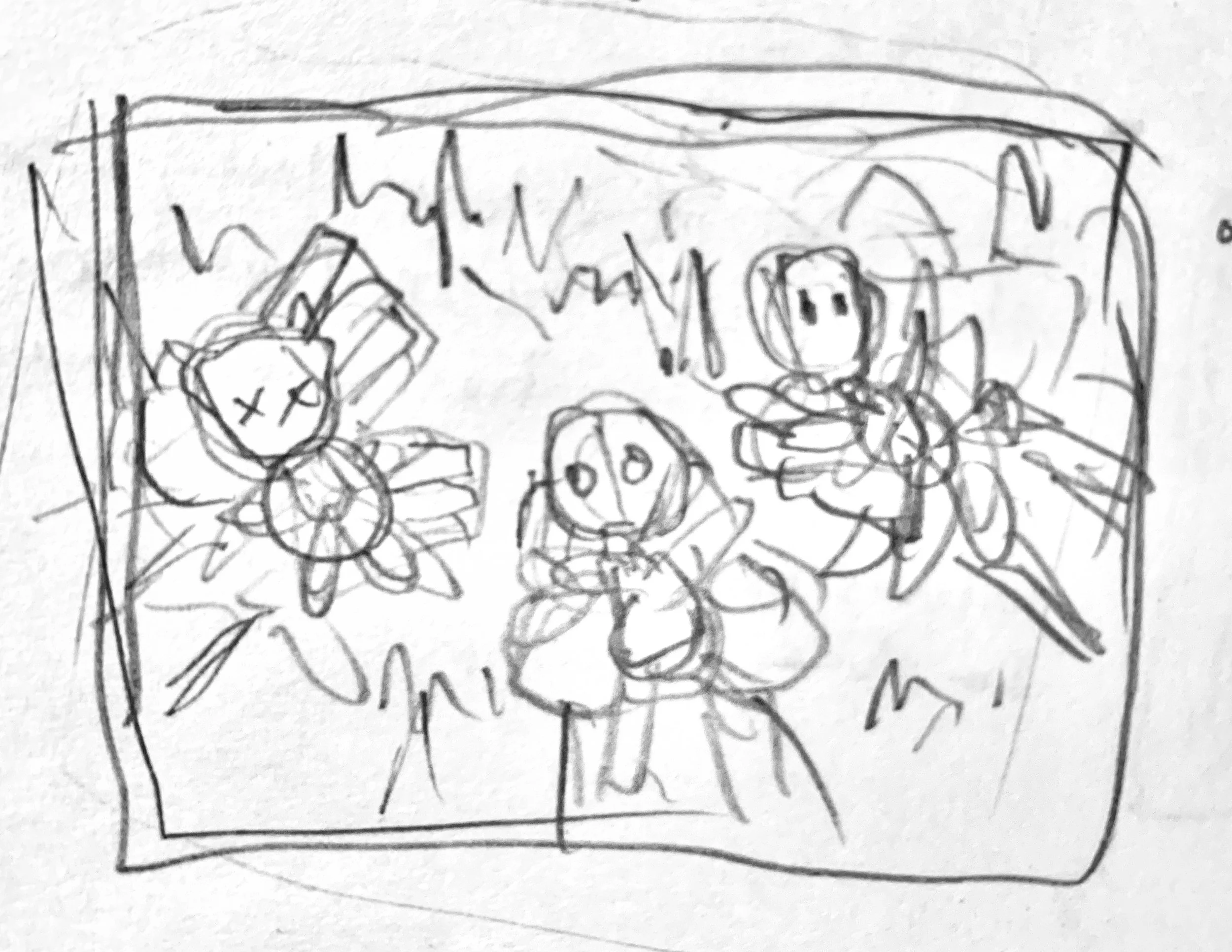   Close up overhead shot of witches’ hands as they lay the dolls on the ground.  