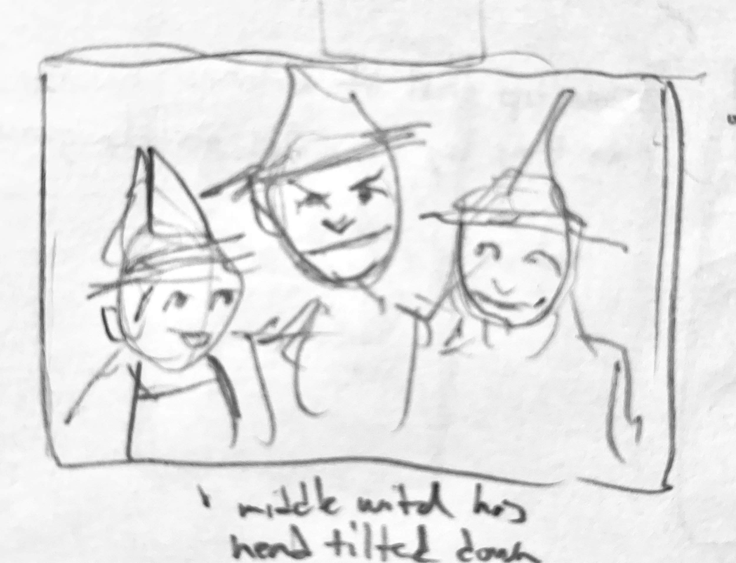   Head and shoulder shot of witches looking at each other, excited that the spell worked. Witch in the center has a mischievous smile on her face with her gaze directed at the viewer. Other two witches exchange a “are you thinking what I’m thinking” 