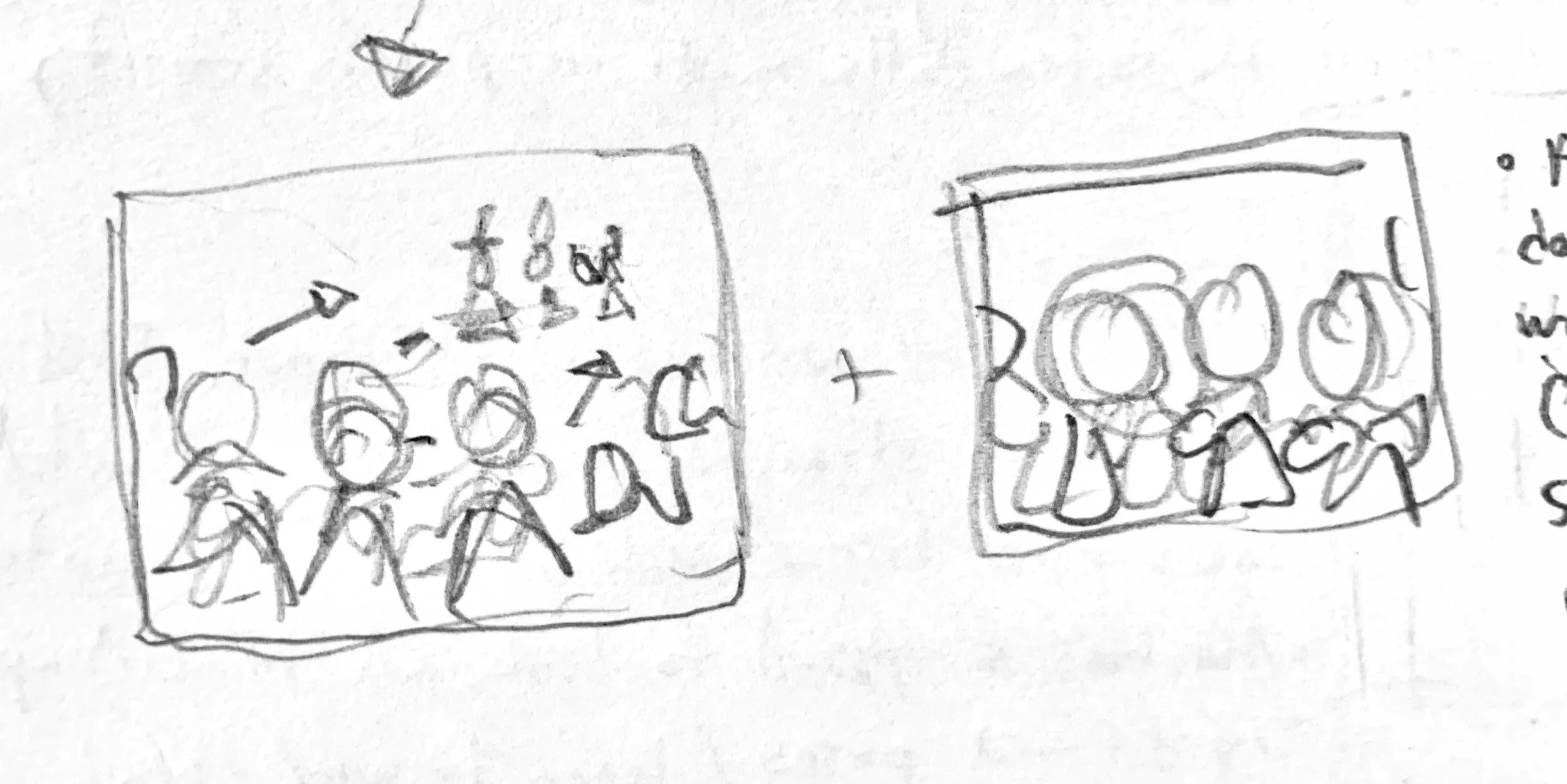   Paired shots. First frame has dolls in the extreme foreground watching the departing witches (seen in background). One witch looks back and waves (third witch in the next scene). Second frame is a tight shot of dolls. They are sad that the witches 