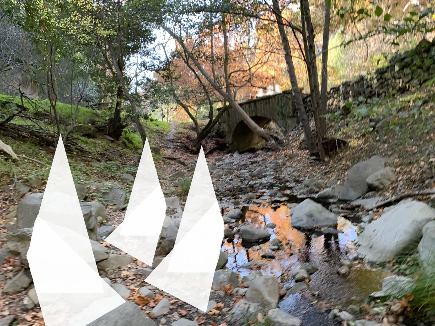   Wide angle shot of witches sitting by creek. The doll making material is bundled inside fabric and tied off. Two of the witches hold their bundled material while the third (closest to the viewer) has opened it and laid it on the ground). Have the t