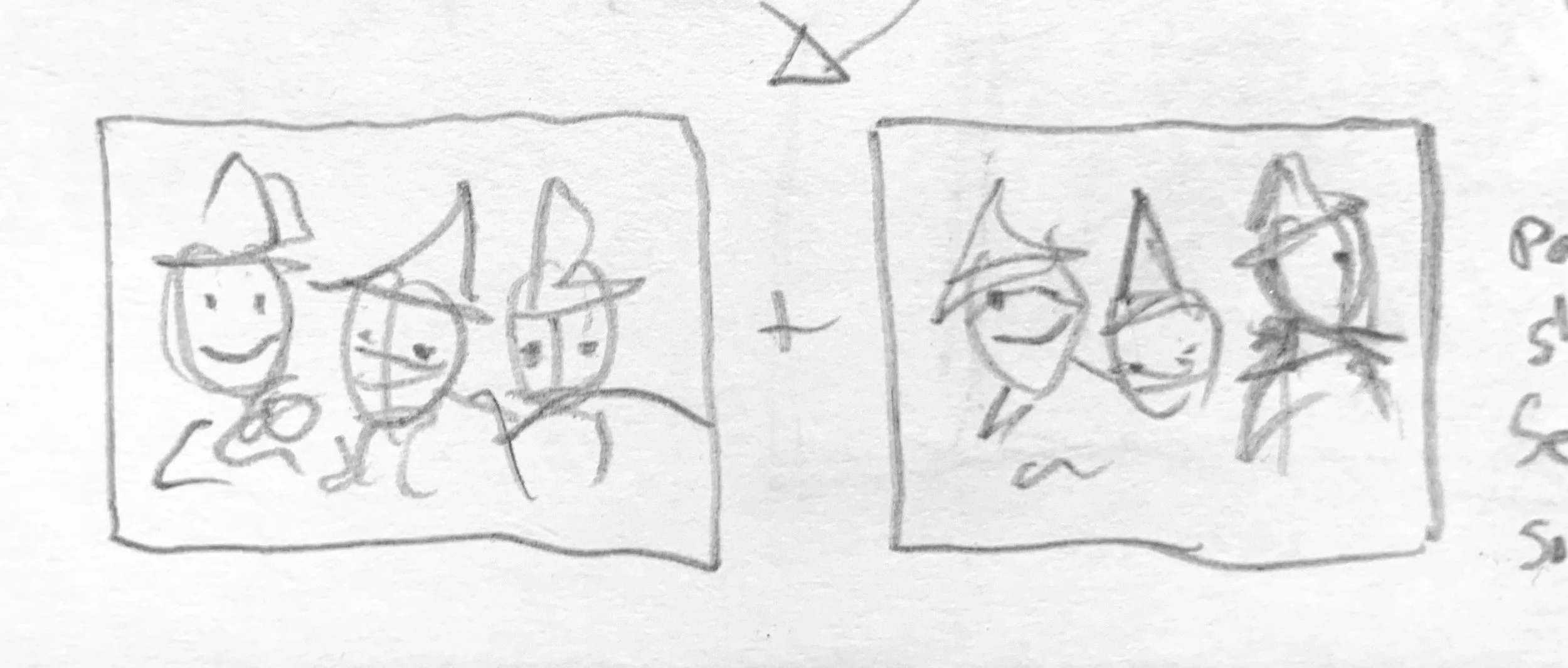   Paired shots. First frame, tight shot of witches enjoying picnic. Second frame, keep same composition, change gestures/expressions, one witch senses something and looks over her shoulder.  
