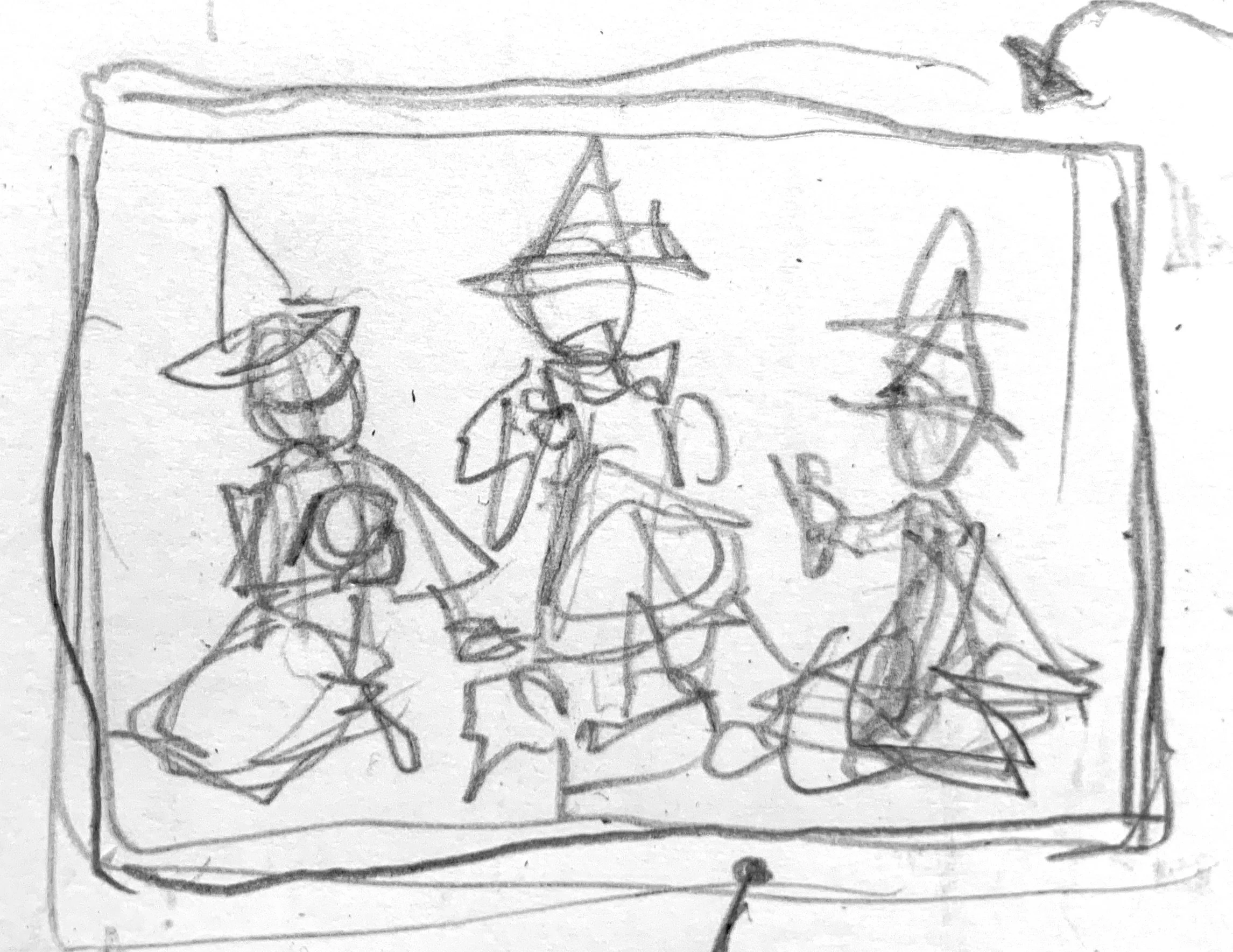   Tight mid shot of witches gathered at shrine. The center witch holds tarot cards while the others hold a crystal and tbd item. Focus on gesture and expression.  