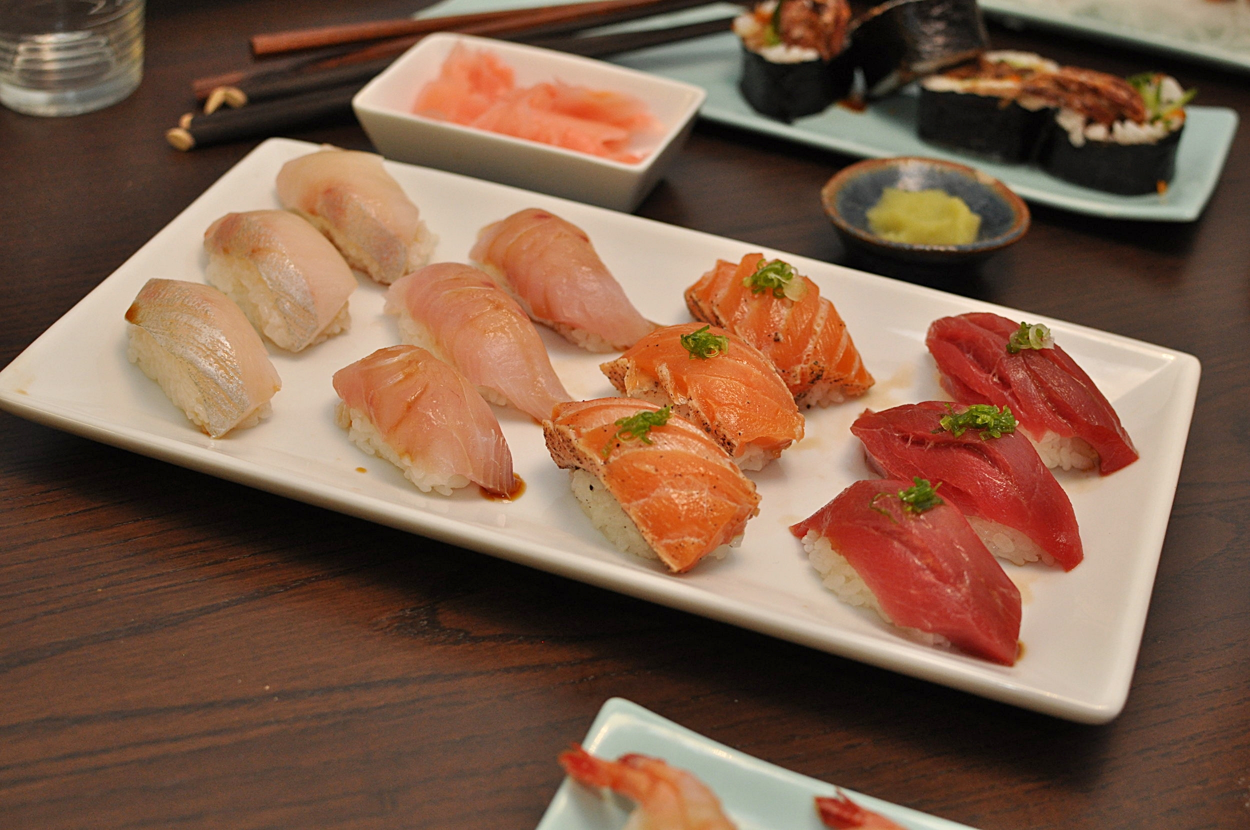  Kanpachi Toro, Kanpachi, Peppered Salmon, Maguro Akami 