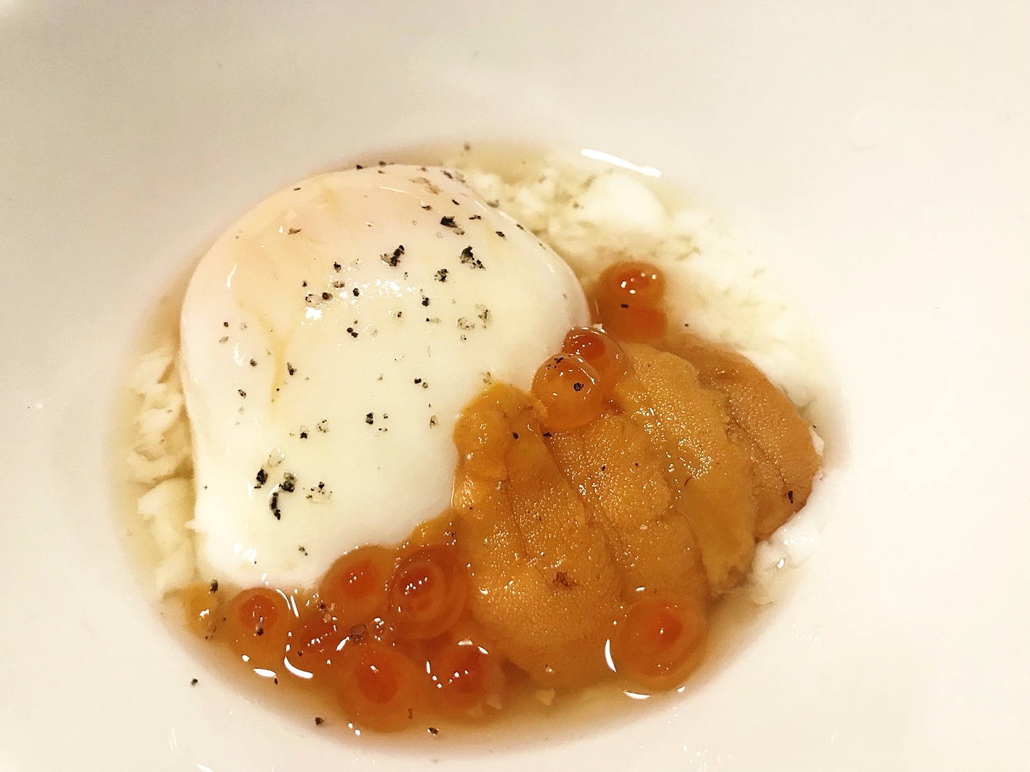 Onsen Egg + Uni + Ikura in Lobster Dashi