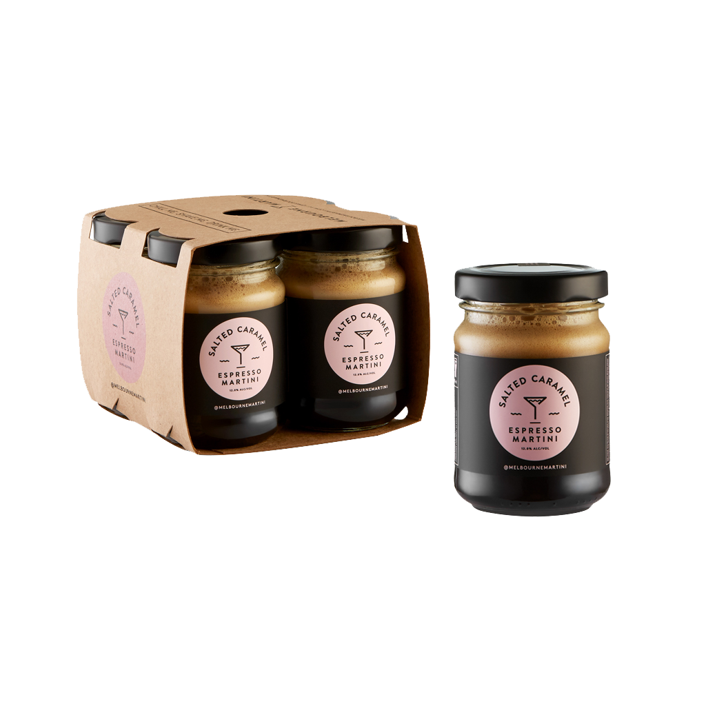 SALTED CARAMEL ESPRESSO MARTINI   Vodka, Cold Drip Coffee, Coffee Flavour, Salt, Organic Caramelised Sugar, Preservative E224 (Gluten Free)(Vegan)  110mL | 12% Alc/Vol.