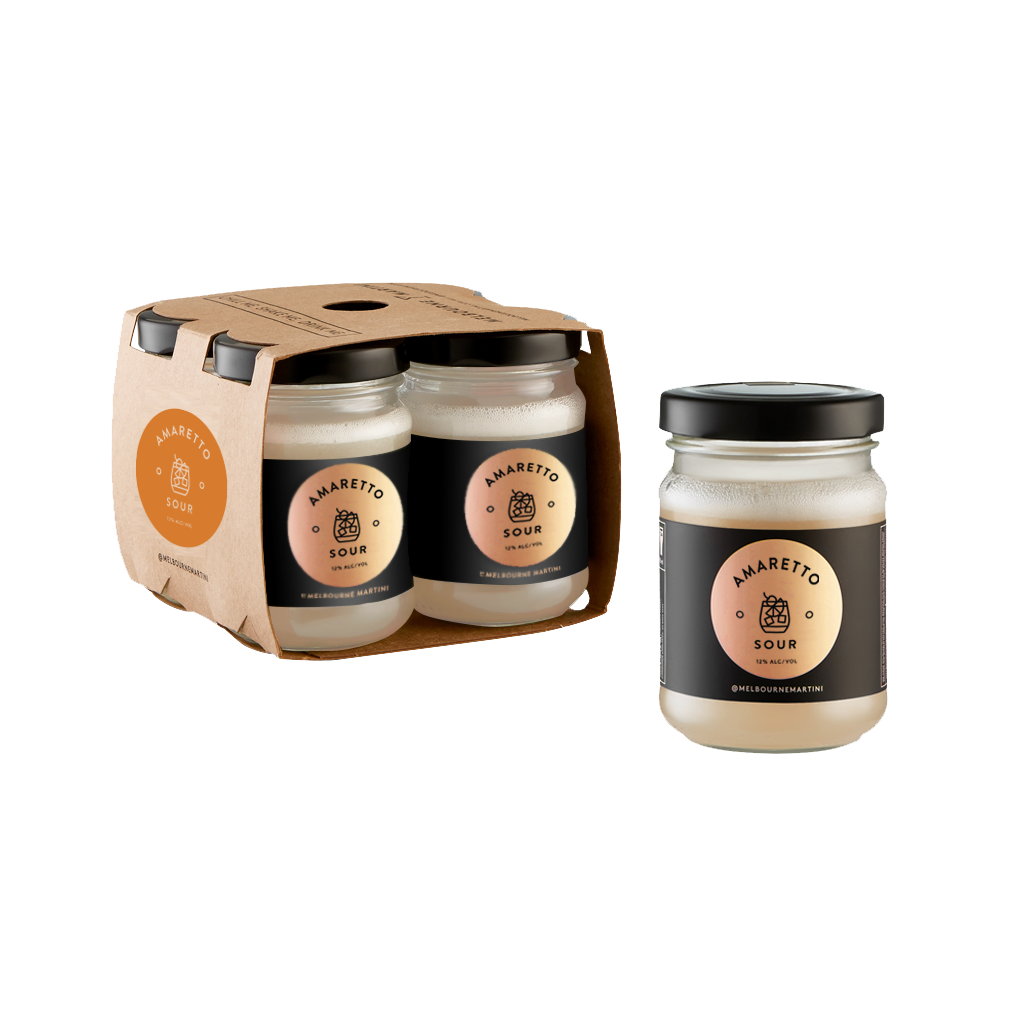 AMARETTO SOUR   Amaretto, Natural Lemon Juice, Organic Sugar Syrup, Water, Instafoam® (Quillaja Extract), Preservative E224 (Gluten Free)(Vegan)  120mL | 12% Alc/Vol.