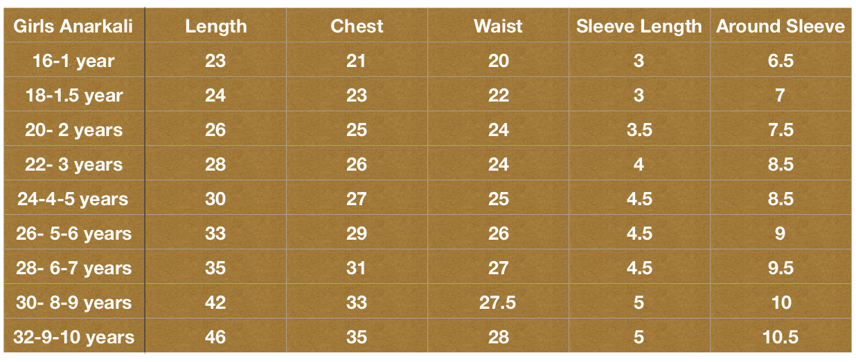 Anarkali Size Chart