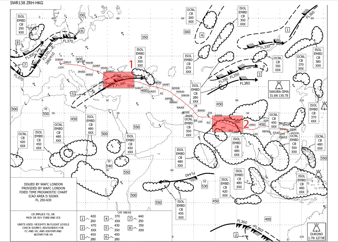 Before each and every flight we get a briefing package containing the flight plan (our route), information about the airport enroute and at our destination as well as a weather briefing. This document is called Significant Weather Chart (SWC) and shows some weather that could affect us during the flight. On this flight from Zurich to Hongkong (red line is our route) we got to cross a jetstream (area 1) that was accompanied with a zone of turbulent air (doted line to the left with the number 5, you can see in the legend that this area is vertically located between 300 and 430, meaning the flight level. Just add two zeros and you will get the altitude in feet.) further on in the journey, somewhere over India we will be flying through a zone of isolated embedded cumulunimbus (meaning convective clouds that are immersed within other clouds). This is a prediction based on forecasts, of course this usually shifts slightly during a period of this 12 hours flight but gives is a good idea of whats ahead.