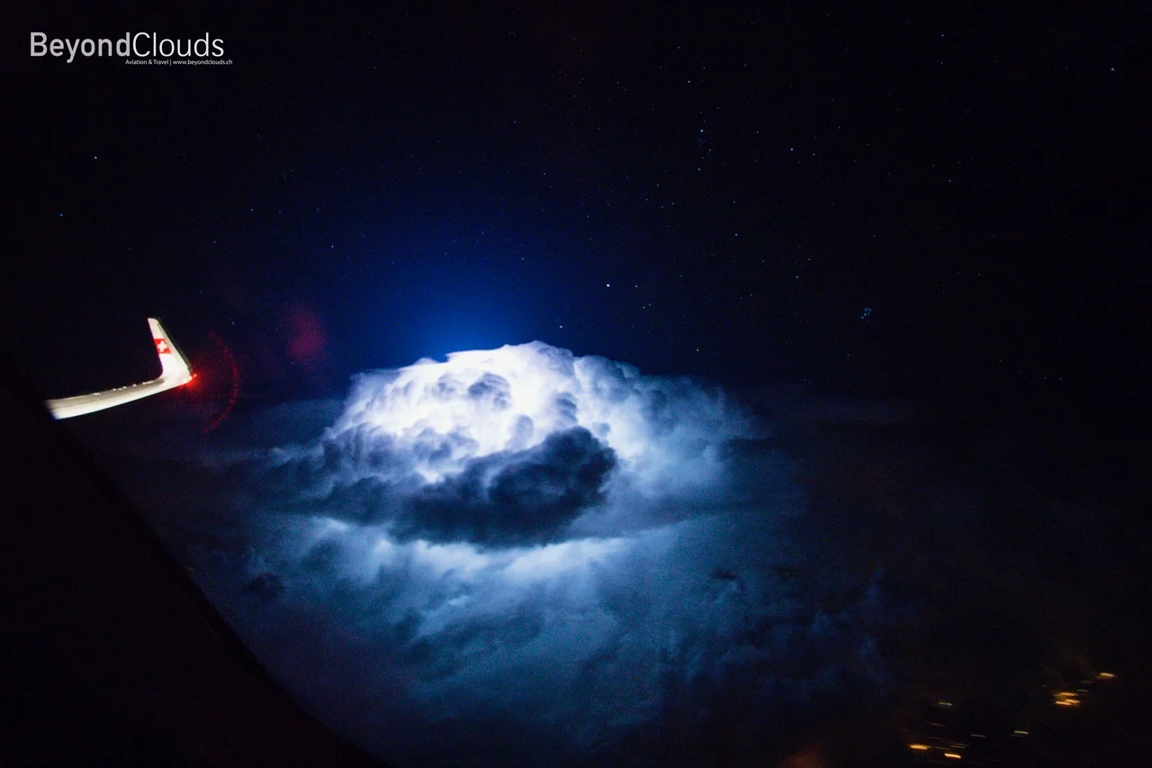 A lightening in the sky. We are enjoying a smooth ride over the Mediterranean coast of Croatia as we are watching the spectacular show of mother earth from a safe distance.
