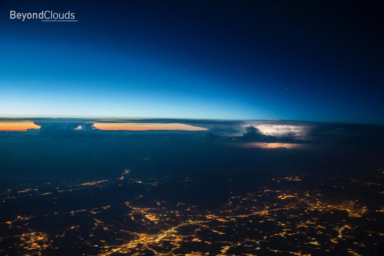 We are approaching the Alps coming in from Athens as an impressive wall of convective weather makes us take a detour around this area of increased thunderstorms.