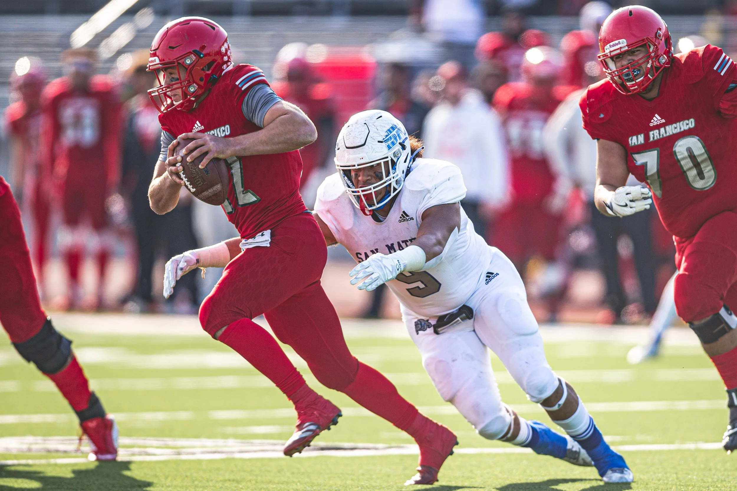 NorCal Finals - SFCC @ CSM - 12/04/21Q4 - SFCC drive starts 11:042nd and 1 at CCSF49Jack Newman sacked for loss of 3 yards to the CCSF46 (CSM#9 Noah Lavulo), PENALTY CCSF holding declined.