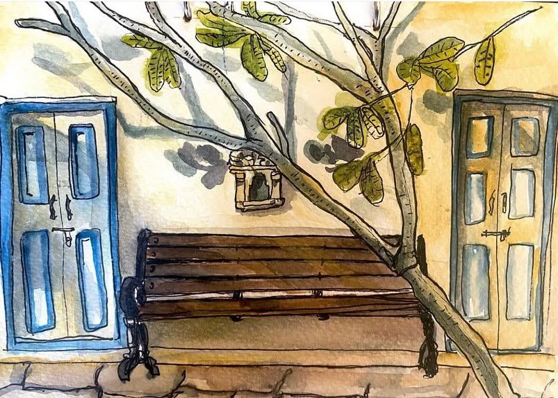 Today, I posted a photo of Climber sleeping on the bench outside Nano on our stories, and was reminded by @artbypranati of this beautiful painting she had made of the same scene back in Dec &lsquo;22. I was amazed she recognised the paving had change