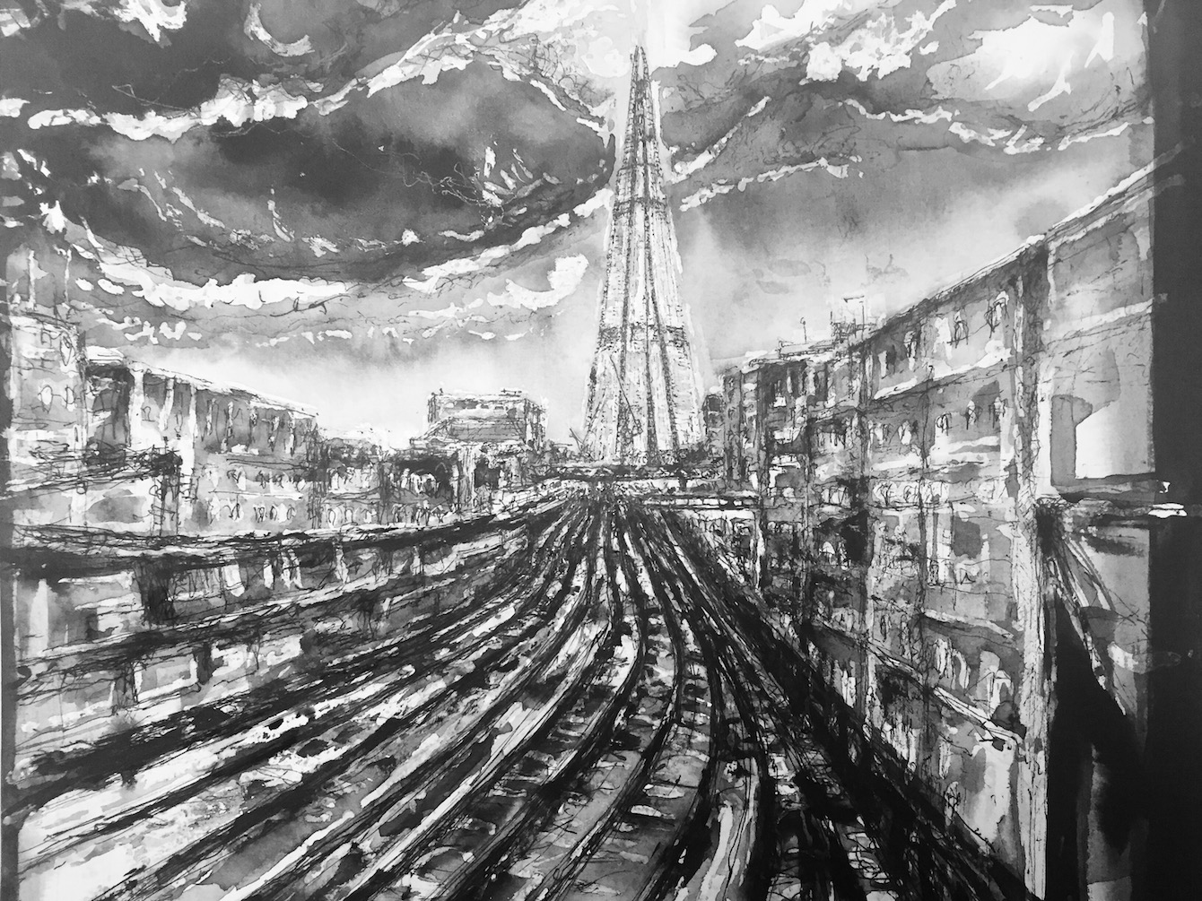  Title: Track V - A Heart of Glass - London Shard Size: 30 x 36 cm Medium: ink and pencil on watercolour paper 