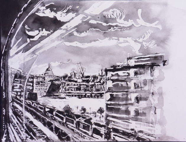  Title: Track I ‘London Calling’ Size: 32 x 36 cm Medium:&nbsp;Ink and pencil on watercolour paper 