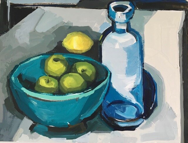  Title: Blue Bottle and Turquoise Bowl Medium: Acrylic on canvas Size: 32 x 41 cm SOLD 