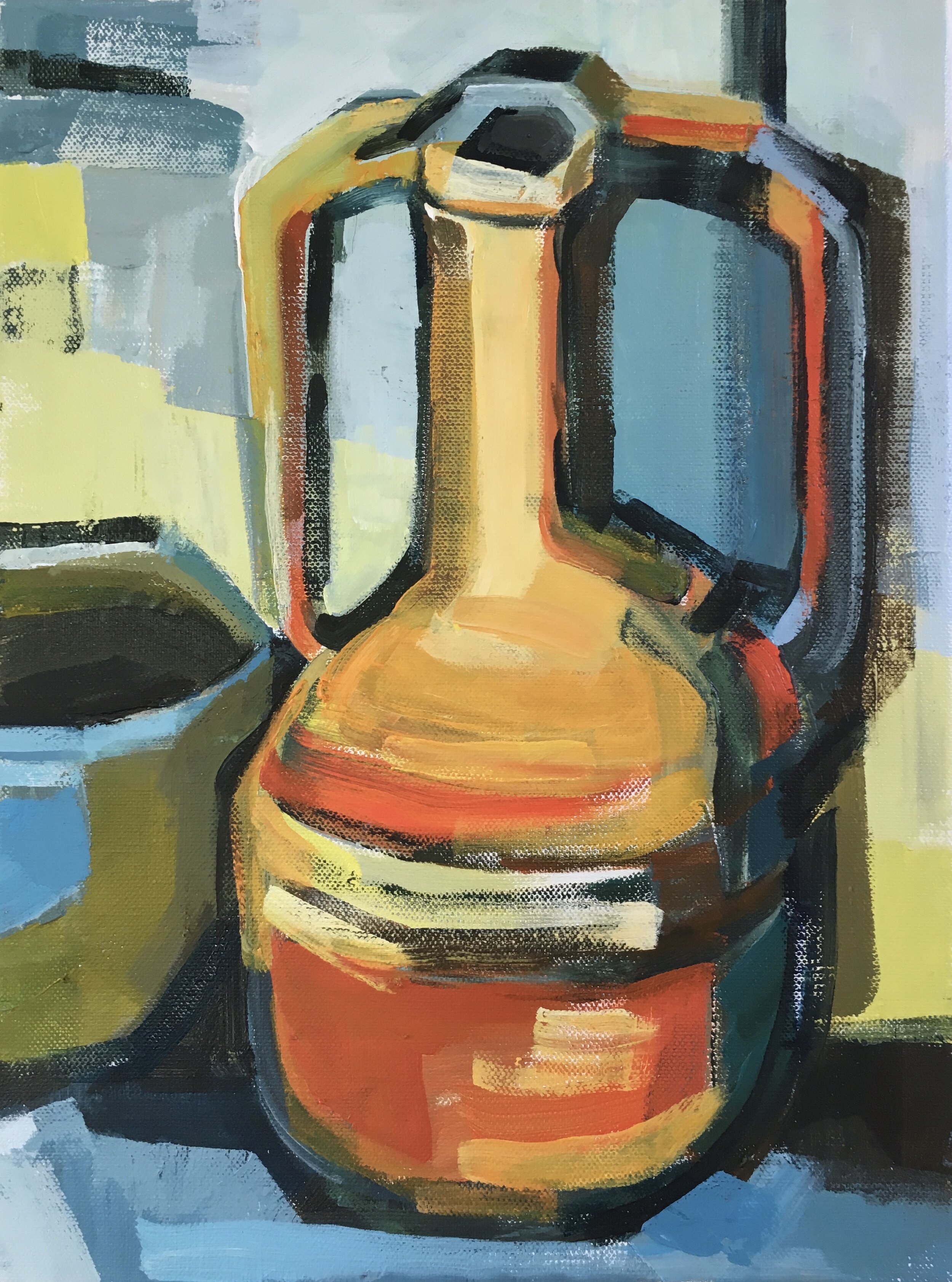  TITLE: Orange Vase with olive and blue bowl MEDIUM: Acrylic on canvas SIZE: 35 x 45cm 