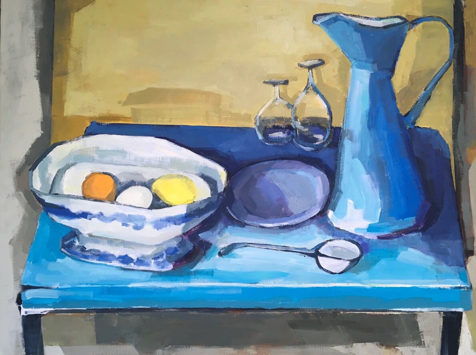  Title: Kitchen Still Life with Blue Table &amp; Enamel Jug Medium: Acrylic on canvas Size: 65 x 85 cm 