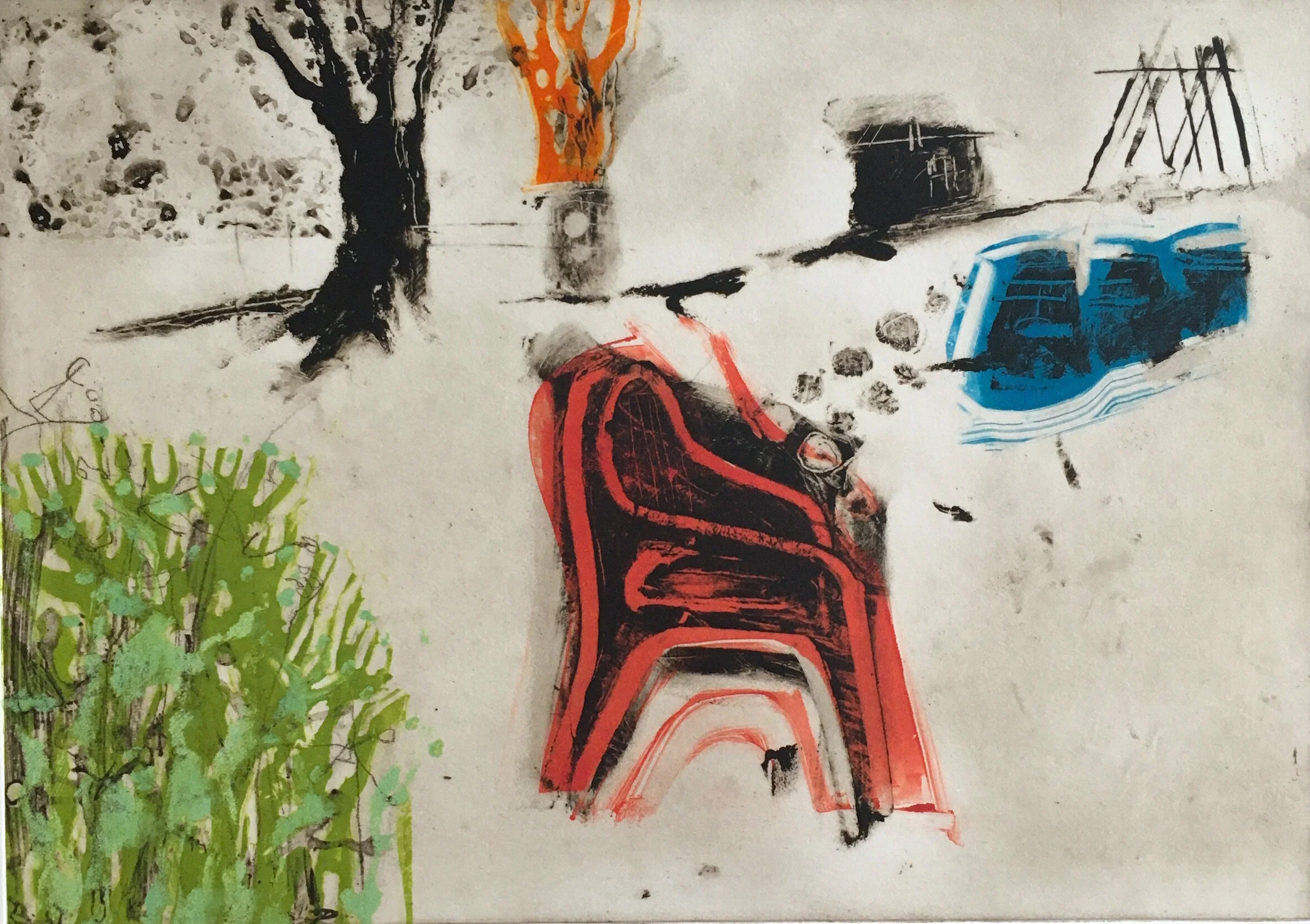 Title: Allotment Red Chair Size: 39  x 47cm Medium: Etching