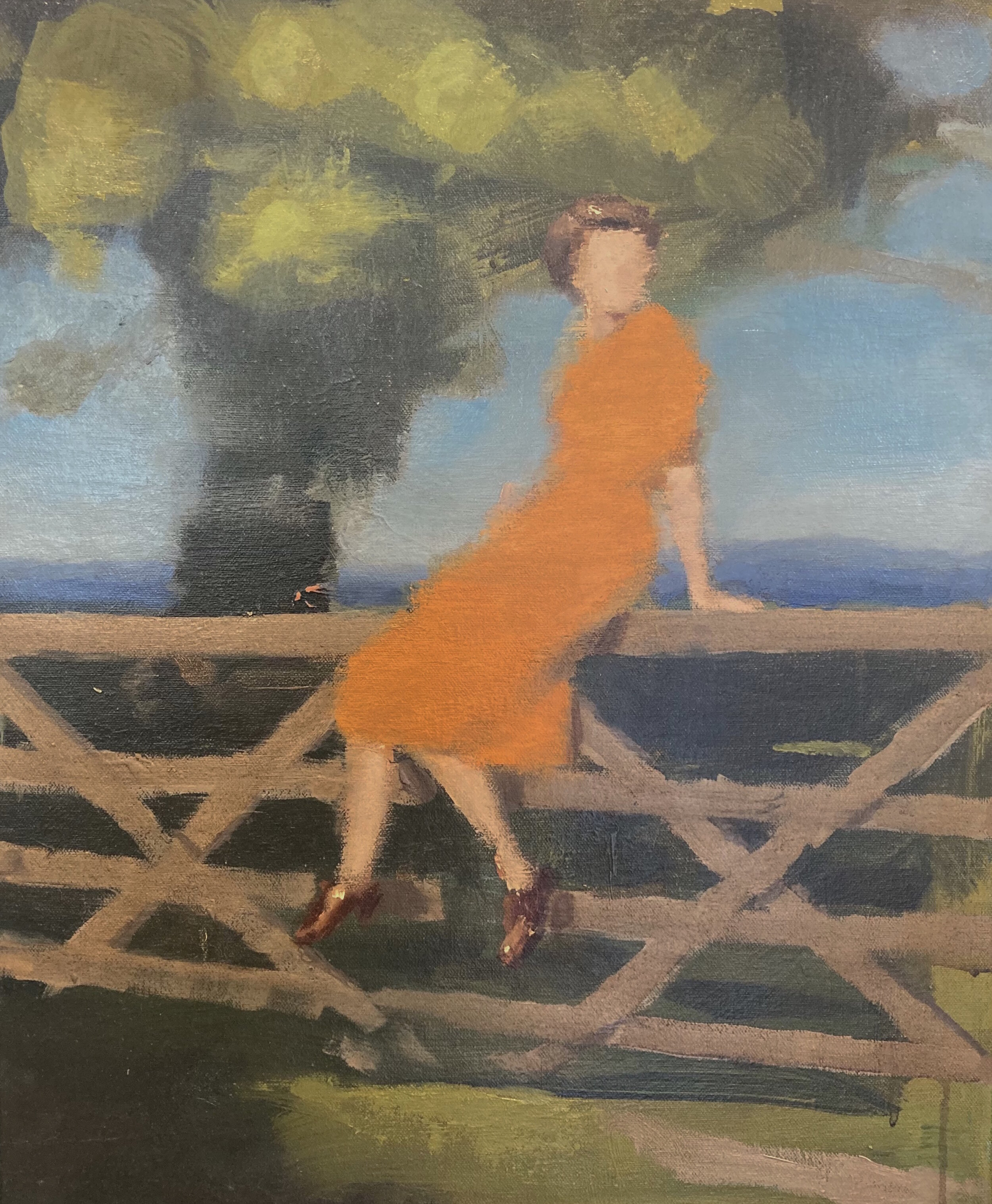  Title: Woman sitting on a gate Size:  51 x 41cm Medium: Oil and mixed media on canvas Price: £2500 